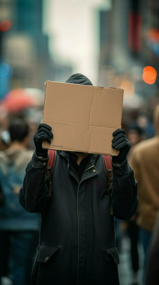 manifestantes tablero con burlarse de arriba, capturar atención y transporte potente mensaje visualmente vertical móvil fondo de pantalla ai generado foto