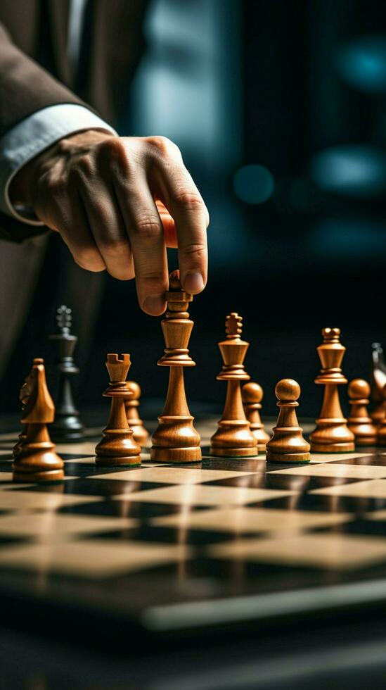 Selective focus Mans hand in chess play, metaphorically guiding strategic  business decisions Vertical Mobile Wallpaper AI Generated 30463882 Stock  Photo at Vecteezy