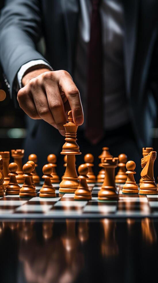 Selective focus Mans hand in chess play, metaphorically guiding strategic  business decisions Vertical Mobile Wallpaper AI Generated 30463882 Stock  Photo at Vecteezy