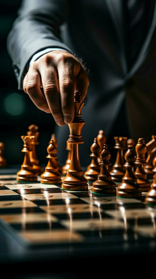 Selective focus Mans hand in chess play, metaphorically guiding strategic business decisions Vertical Mobile Wallpaper AI Generated photo