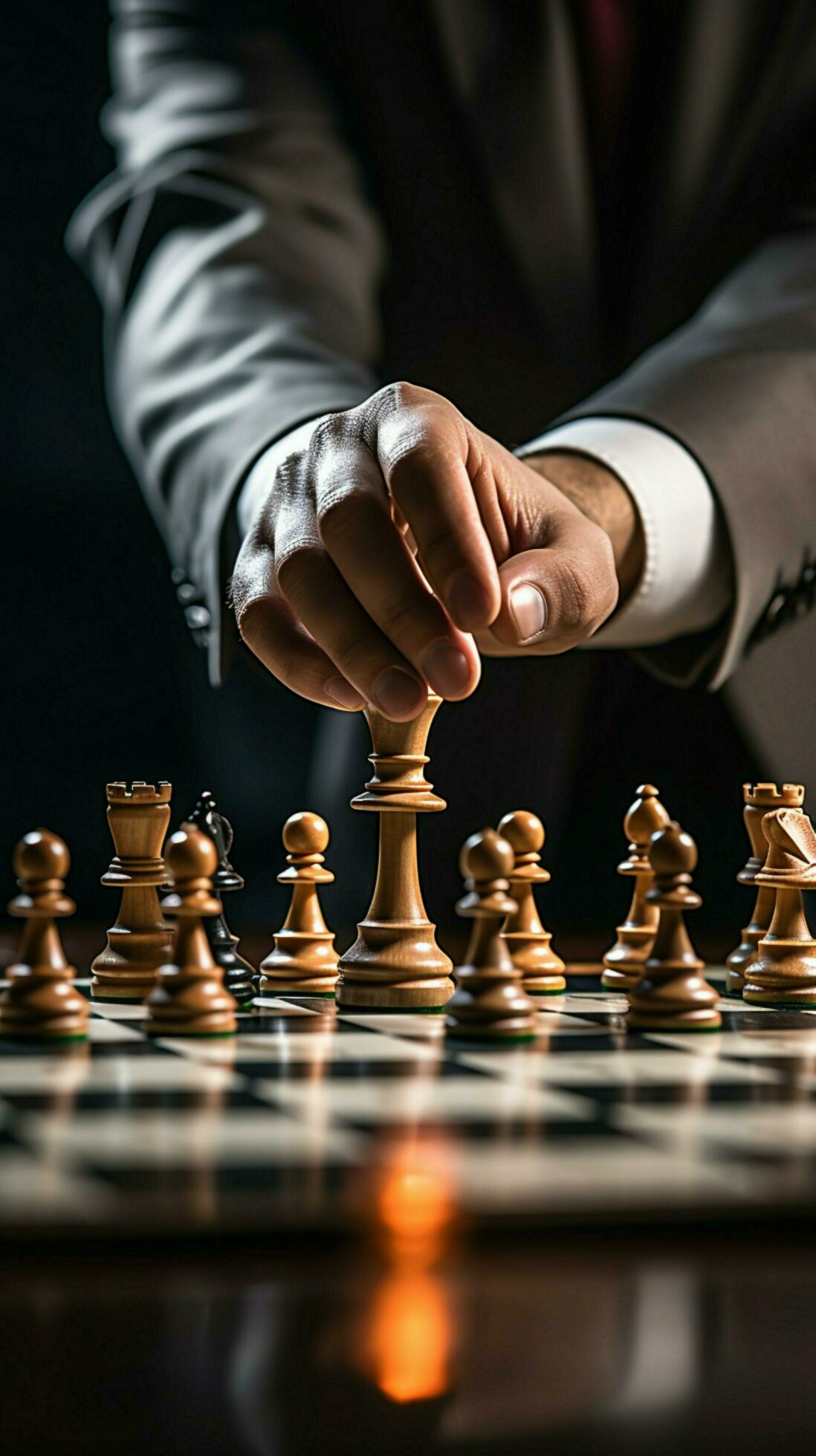 Selective focus Mans hand in chess play, metaphorically guiding strategic  business decisions Vertical Mobile Wallpaper AI Generated 30463882 Stock  Photo at Vecteezy