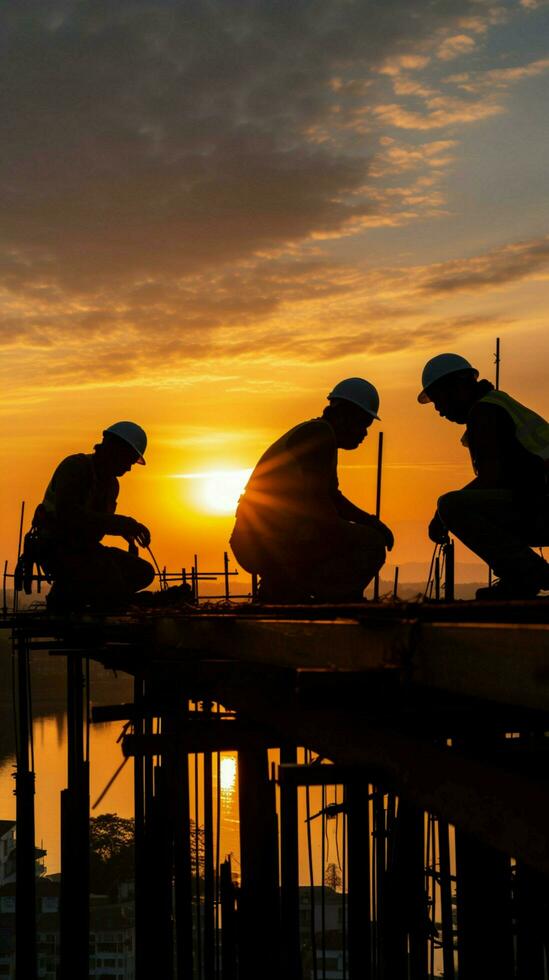 Sunset silhouette Construction workers grace the horizon, a symbol of days end Vertical Mobile Wallpaper AI Generated photo