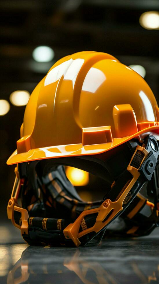 Yellow helmet taken off by builder front view, with a luminous backdrop Vertical Mobile Wallpaper AI Generated photo
