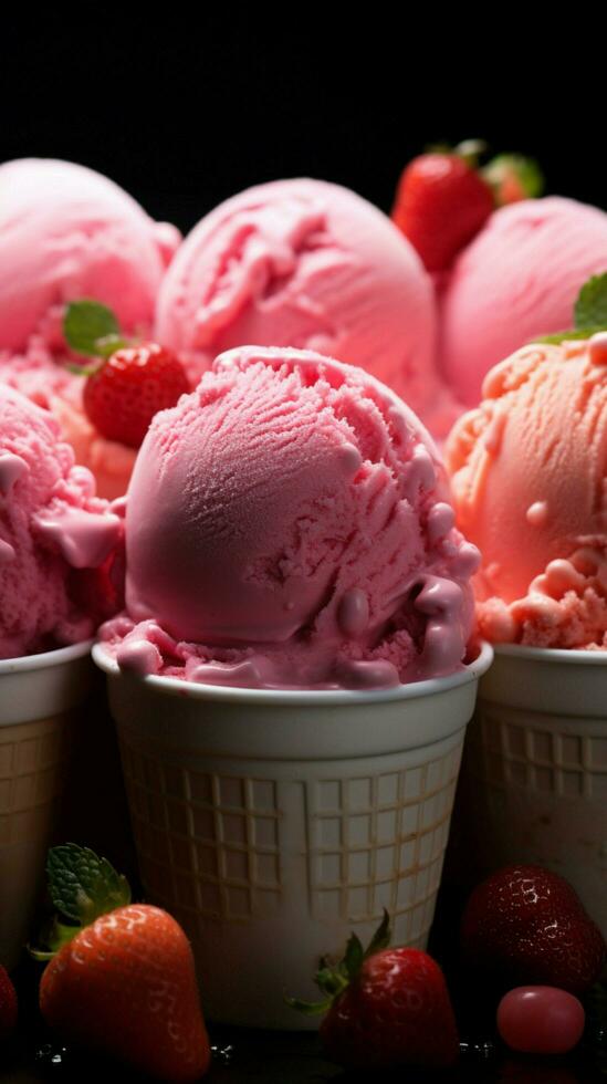 Berry bliss delightful assortment of strawberry ice cream scoops promises sweet satisfaction Vertical Mobile Wallpaper AI Generated photo