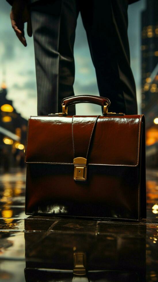 negocio magnate agarre clásico maletín, un símbolo de corporativo valor vertical móvil fondo de pantalla ai generado foto