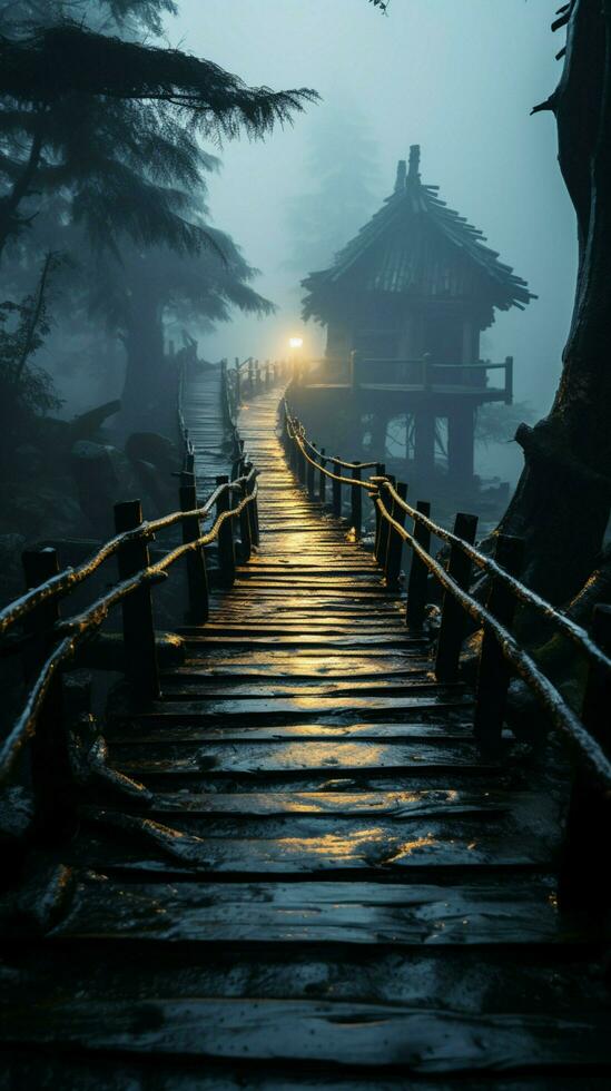 Enigmatic trails fog draped wooden walkways lead through an atmosphere of mystery Vertical Mobile Wallpaper AI Generated photo