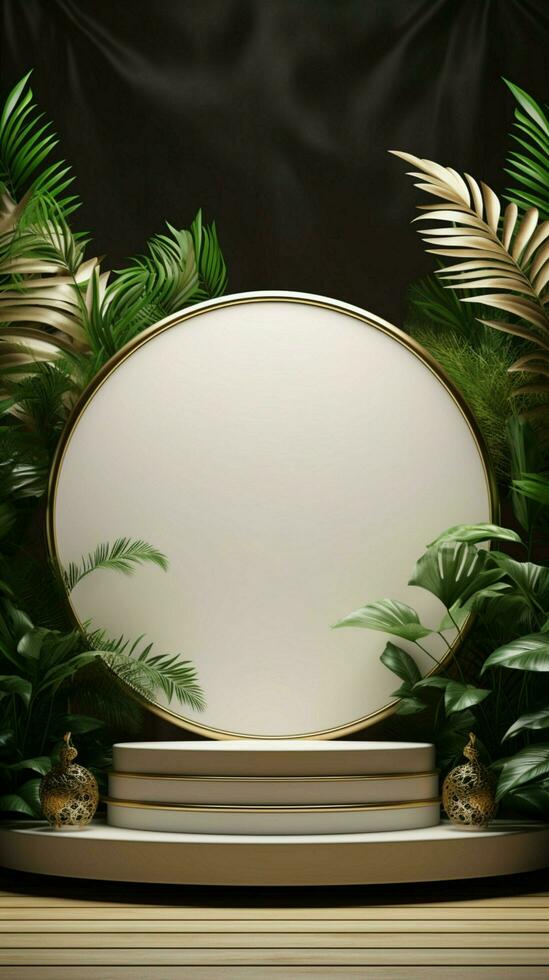 Exquisite exhibition 3D rendered white gold podium with palm leaves, perfect for product display Vertical Mobile Wallpaper AI Generated photo