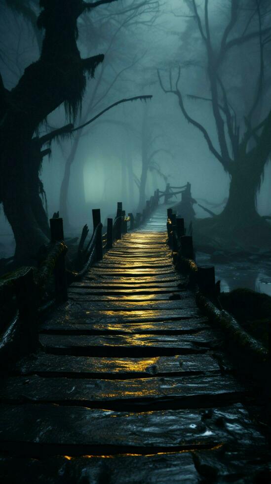 Enigmatic trails fog draped wooden walkways lead through an atmosphere of mystery Vertical Mobile Wallpaper AI Generated photo