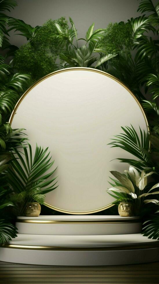 Exquisite exhibition 3D rendered white gold podium with palm leaves, perfect for product display Vertical Mobile Wallpaper AI Generated photo