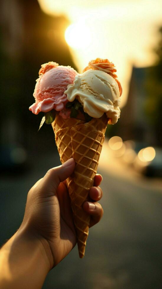 Flavorful outdoor moment hand holds ice cream cones, celebrating treats amidst nature Vertical Mobile Wallpaper AI Generated photo