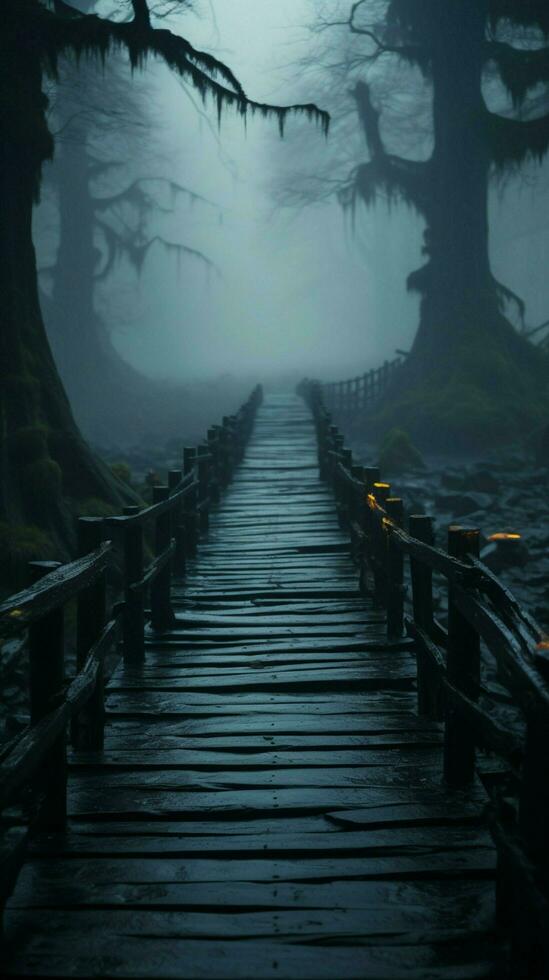 brumoso pasajes de madera pasarelas inmerso en grueso niebla evocar un místico viaje vertical móvil fondo de pantalla ai generado foto