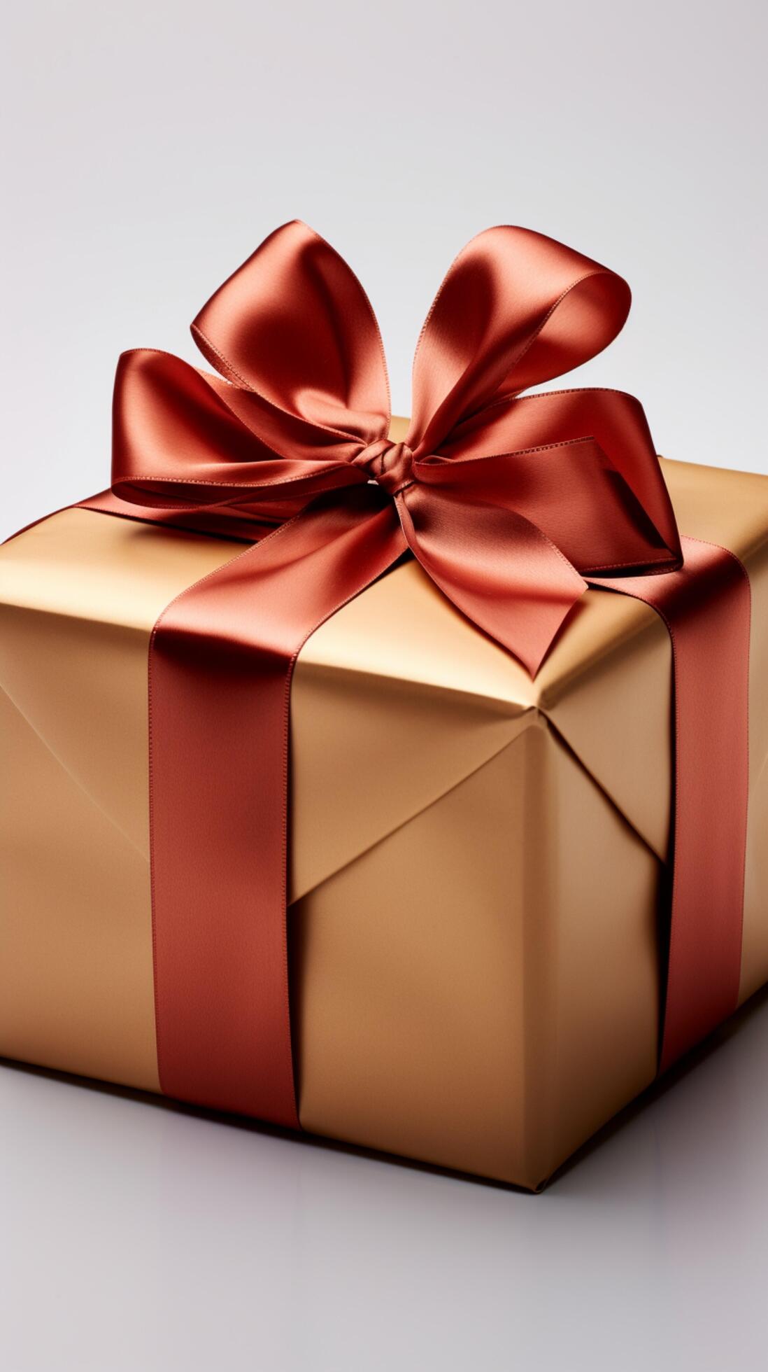 Antique gift box, red ribbon bow, stands alone against clean white