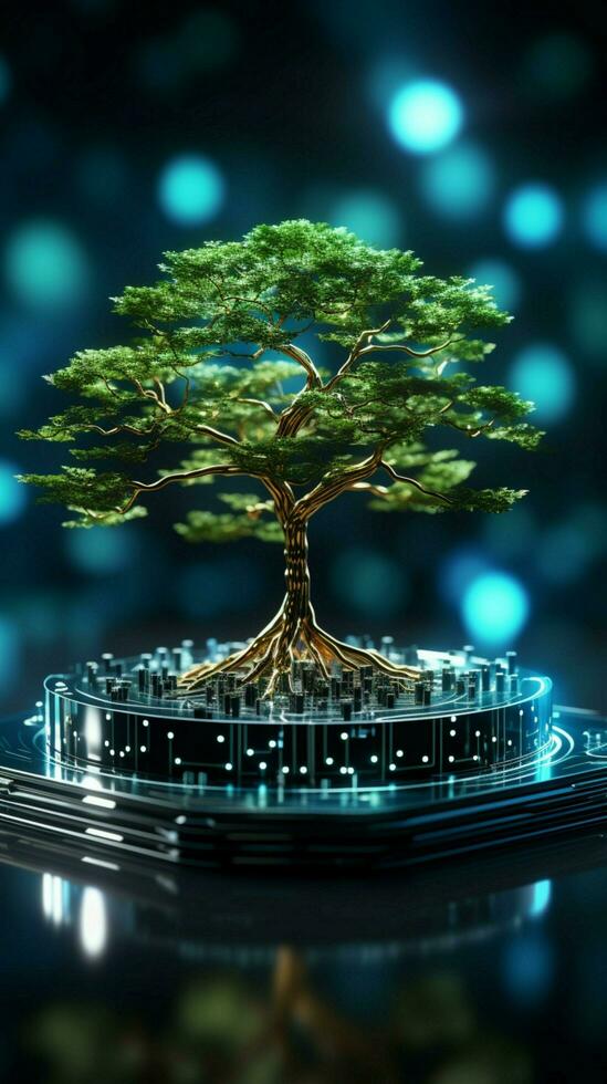 Green tech symbolism Tree on circuit board amidst wireframe network, embodying eco conscious innovation Vertical Mobile Wallpaper AI Generated photo