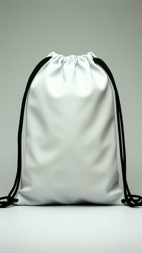 Minimalist contrast white drawstring bag, adorned with a sleek black rope closure Vertical Mobile Wallpaper AI Generated photo