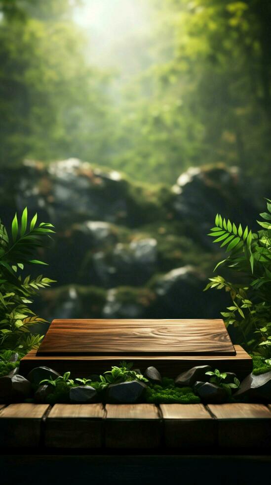 Nature inspired wooden podium with AI generated leaves backdrop, an artistic product display Vertical Mobile Wallpaper AI Generated photo