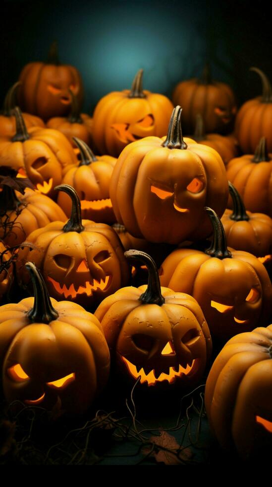 Pumpkin mystique Halloween themed background features a captivating arrangement of festive pumpkins Vertical Mobile Wallpaper AI Generated photo