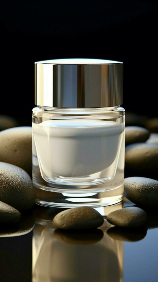 Nourishing balance white rock holds skincare moisture vessel, promoting healthy skin hydration Vertical Mobile Wallpaper AI Generated photo