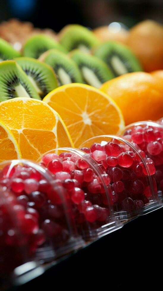 Ramblas allure closeup of fruit slices displayed in La Boqueria market, Barcelonas gem Vertical Mobile Wallpaper AI Generated photo