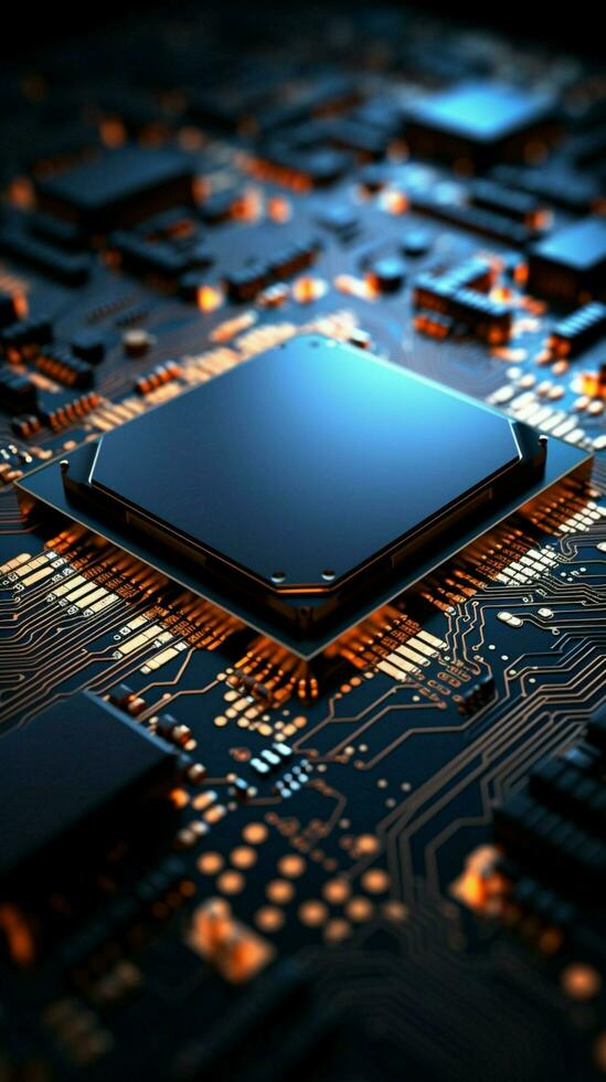 Techno artistry Abstract circuit board integrates chip processor, forming an intricate technological background Vertical Mobile Wallpaper AI Generated photo