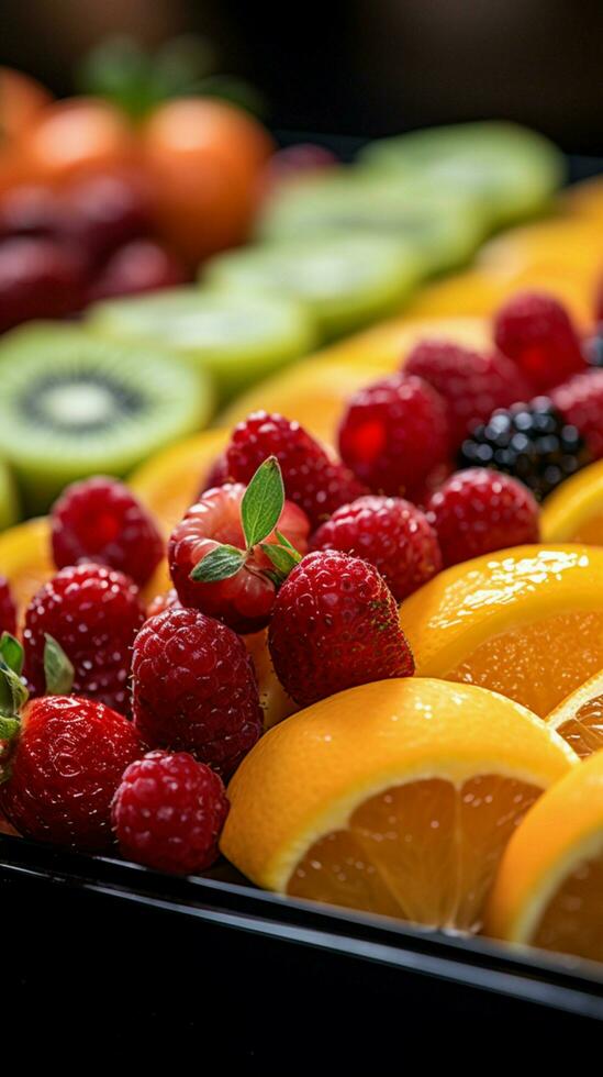 Vibrant assortment up close view of sliced fresh fruits in iconic La Boqueria market, Barcelona Vertical Mobile Wallpaper AI Generated photo