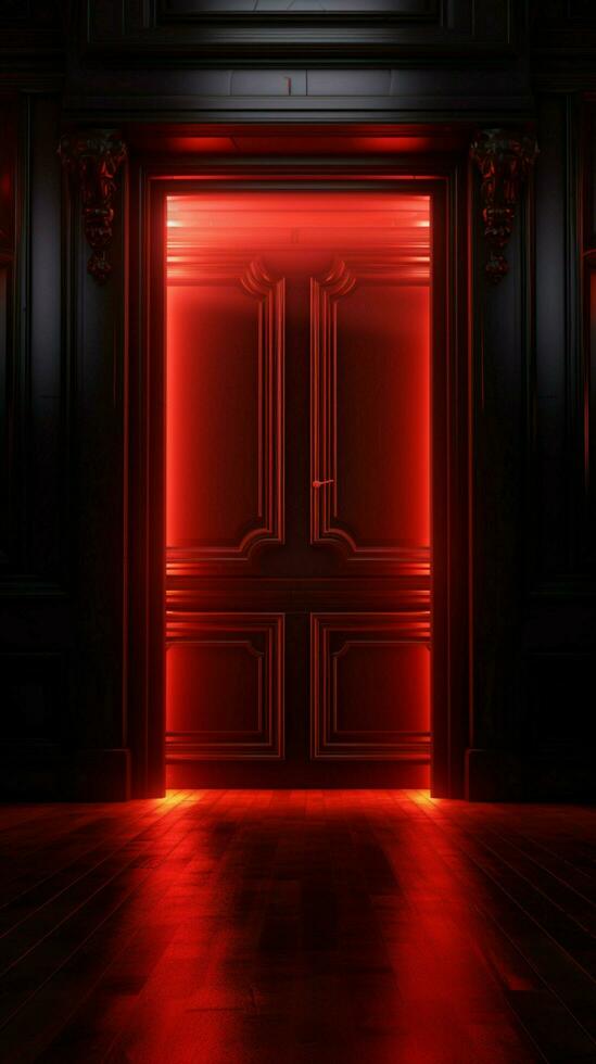 Welcoming glow ajar door emits a cozy red light, beckoning with warmth Vertical Mobile Wallpaper AI Generated photo