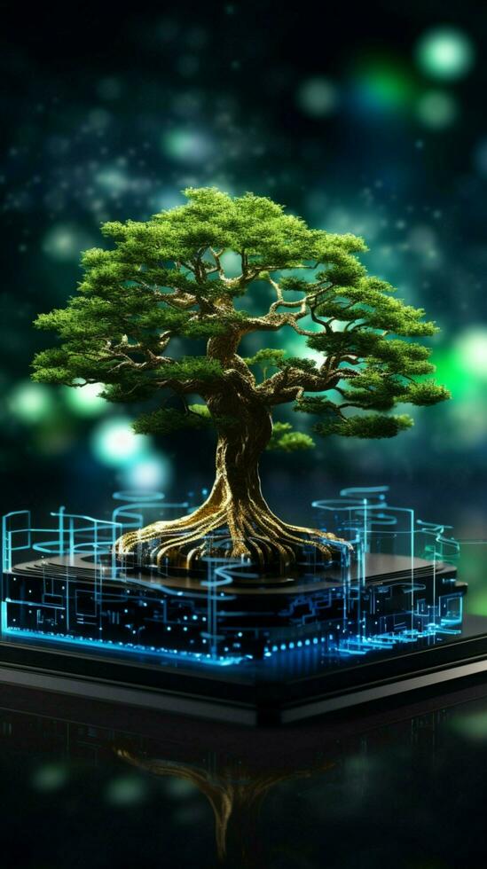 Convergence of nature and circuits Tree on board, wireframe backdrop eco friendly tech synergy Vertical Mobile Wallpaper AI Generated photo