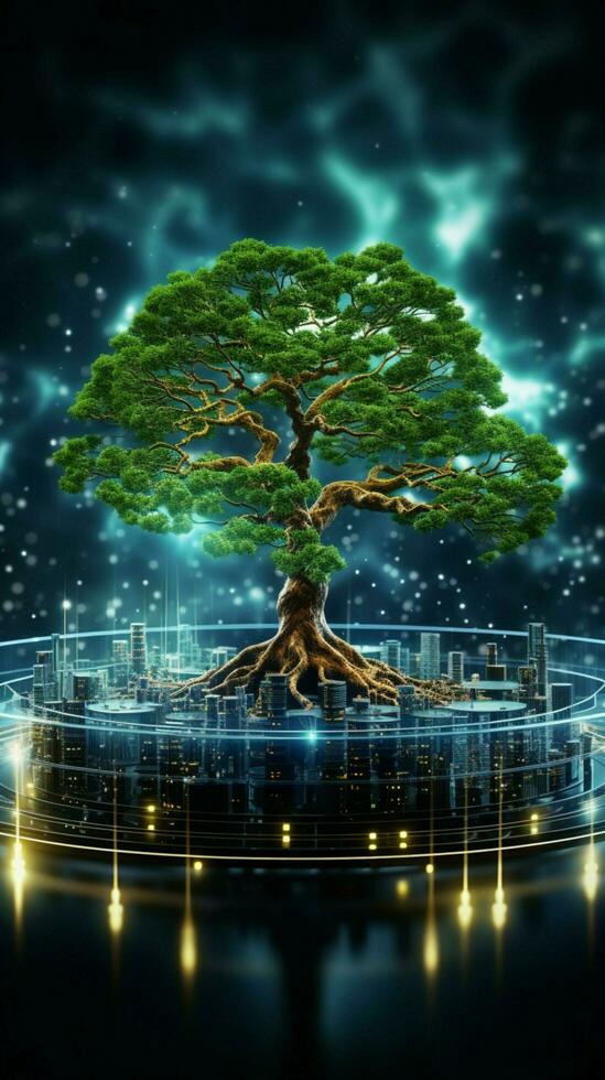 Convergence of nature and circuits Tree on board, wireframe backdrop eco friendly tech synergy Vertical Mobile Wallpaper AI Generated photo