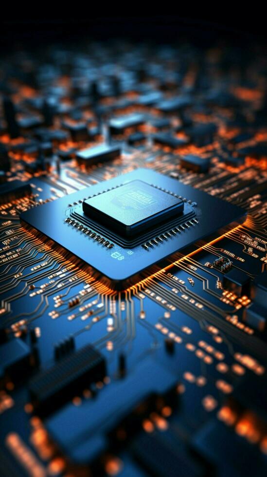 Abstract integration Circuit board blends with chip processor, creating a technology focused background Vertical Mobile Wallpaper AI Generated photo