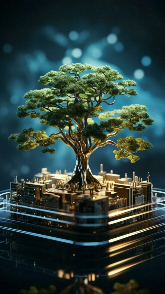 Eco tech partnership Tree on Earth, blue backdrop showcasing green innovation and ethical responsibility Vertical Mobile Wallpaper AI Generated photo
