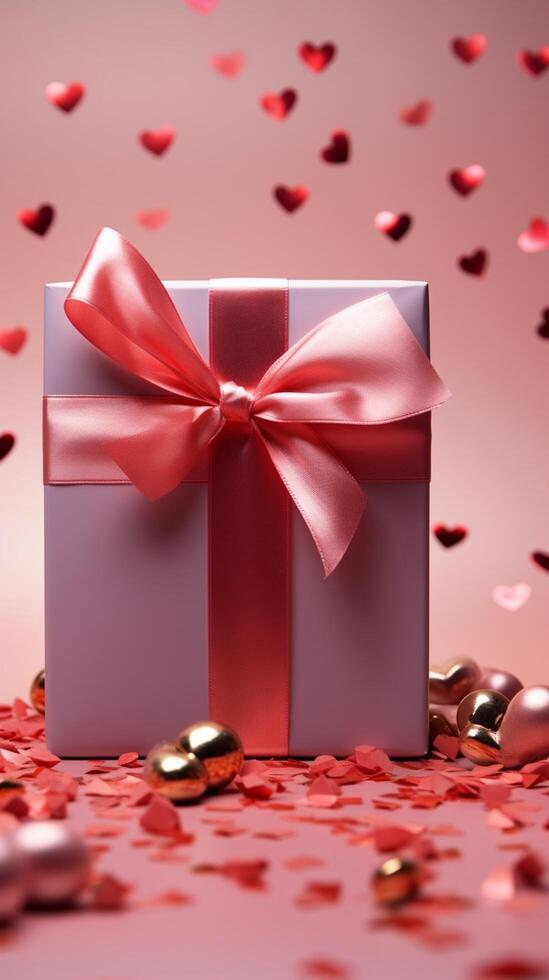 Delicate pink gift box, red bow, heart studded pink background. Ideal