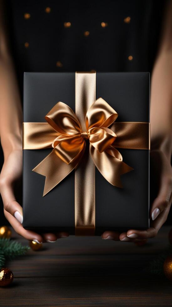Delicate hands grasp gift card, box atop black wooden table. Elegant