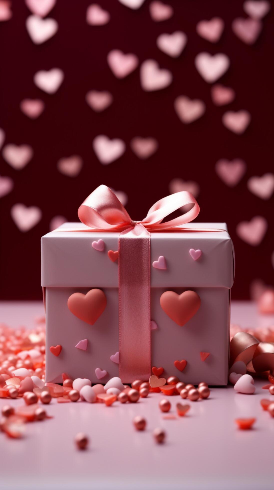 Delicate pink gift box, red bow, heart studded pink background. Ideal