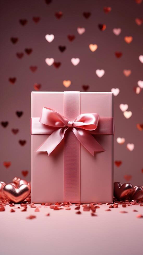 Delicate pink gift box, red bow, heart studded pink background. Ideal