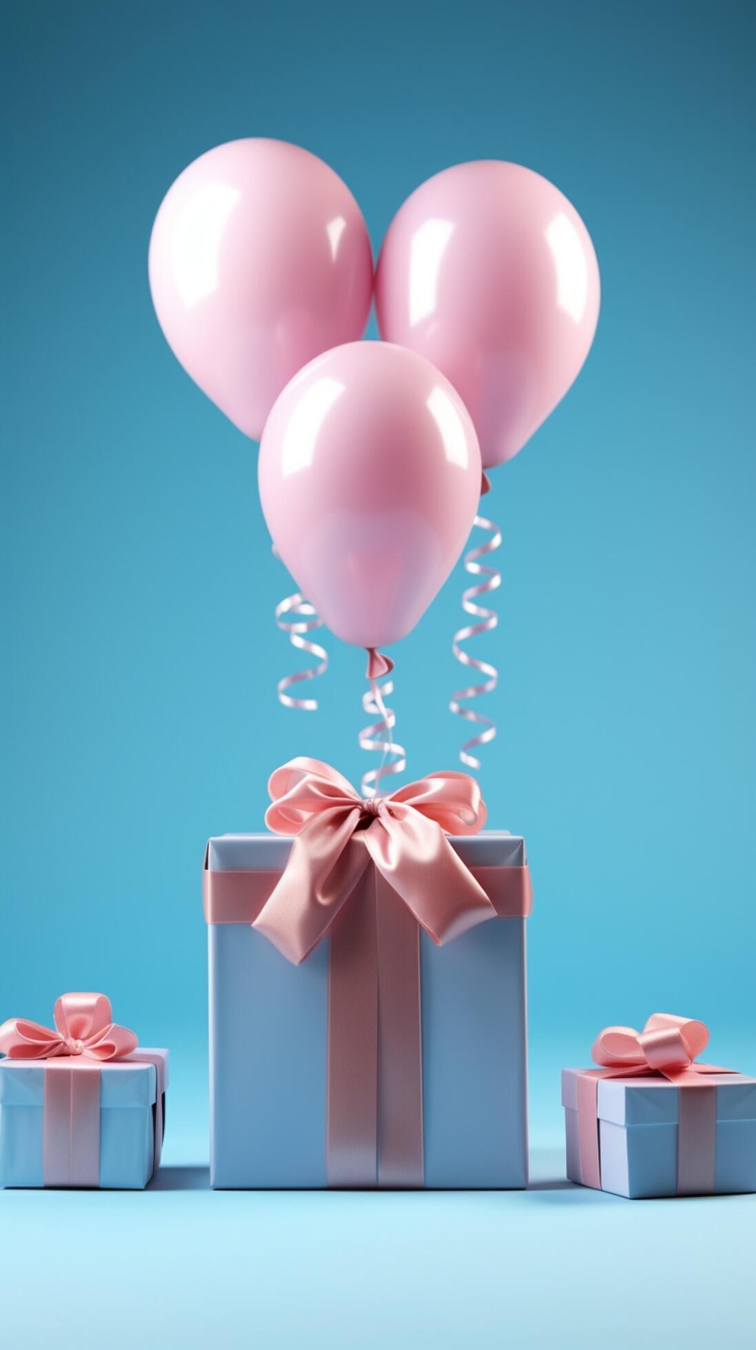 Elegantly adorned Gift box in white, blue ribbon, balloon on pretty