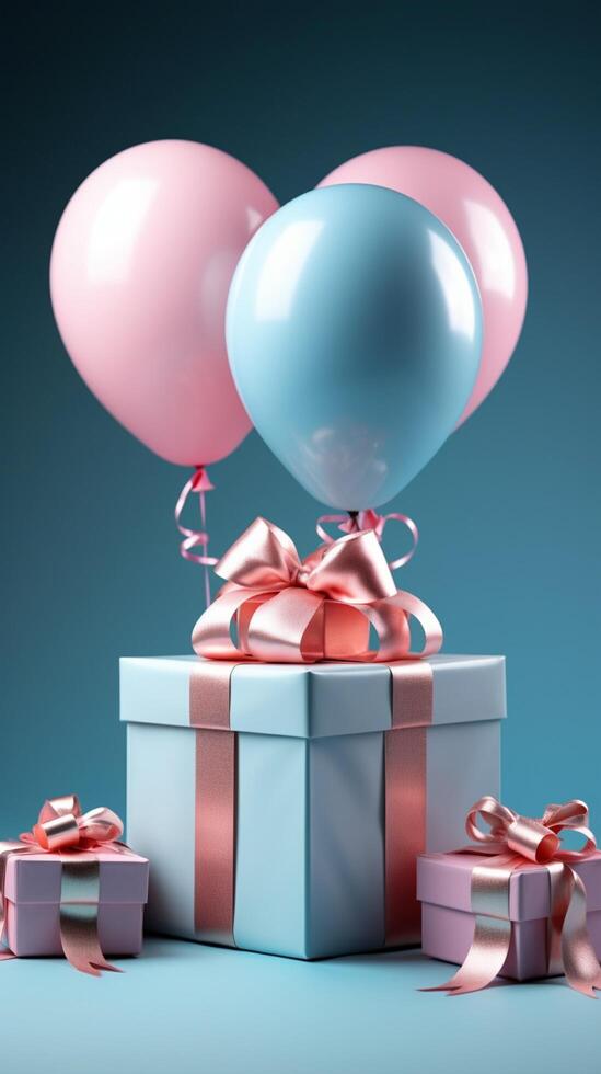 Elegantly adorned Gift box in white, blue ribbon, balloon on pretty