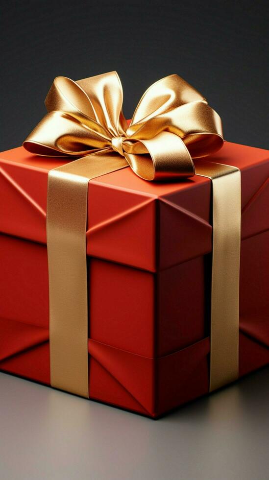 Elegantly adorned Red gift box, golden ribbon, and exquisite bow. Vertical Mobile Wallpaper AI Generated photo