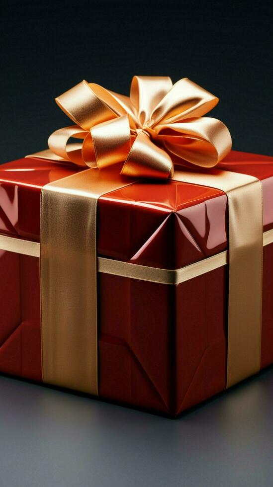 Elegantly adorned Red gift box, golden ribbon, and exquisite bow. Vertical Mobile Wallpaper AI Generated photo