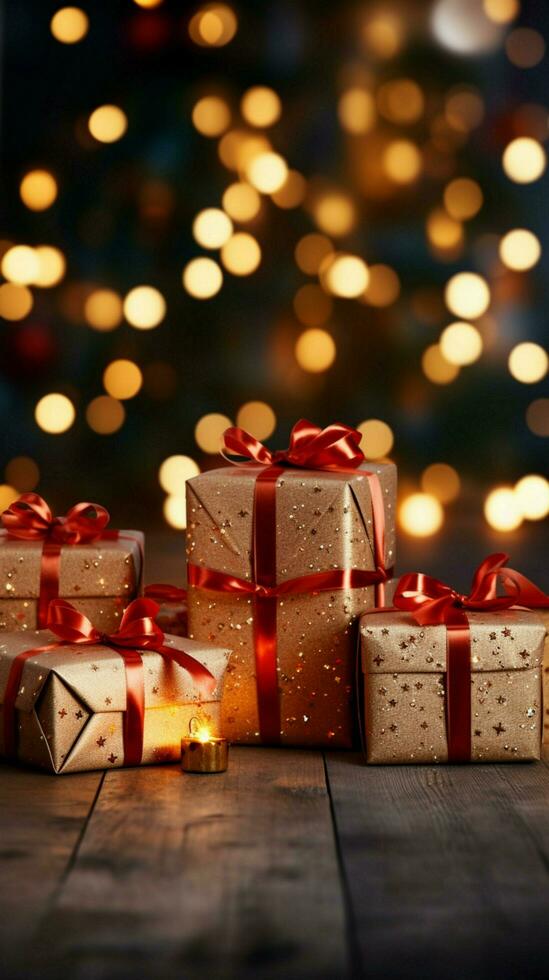 Festive joy Gift boxes, red bows, shimmering bokeh lights. Christmas and New Year. Vertical Mobile Wallpaper AI Generated photo