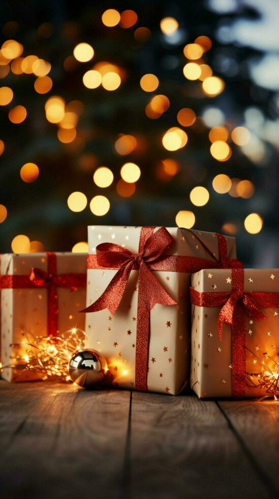 Festive joy Gift boxes, red bows, shimmering bokeh lights. Christmas and New Year. Vertical Mobile Wallpaper AI Generated photo