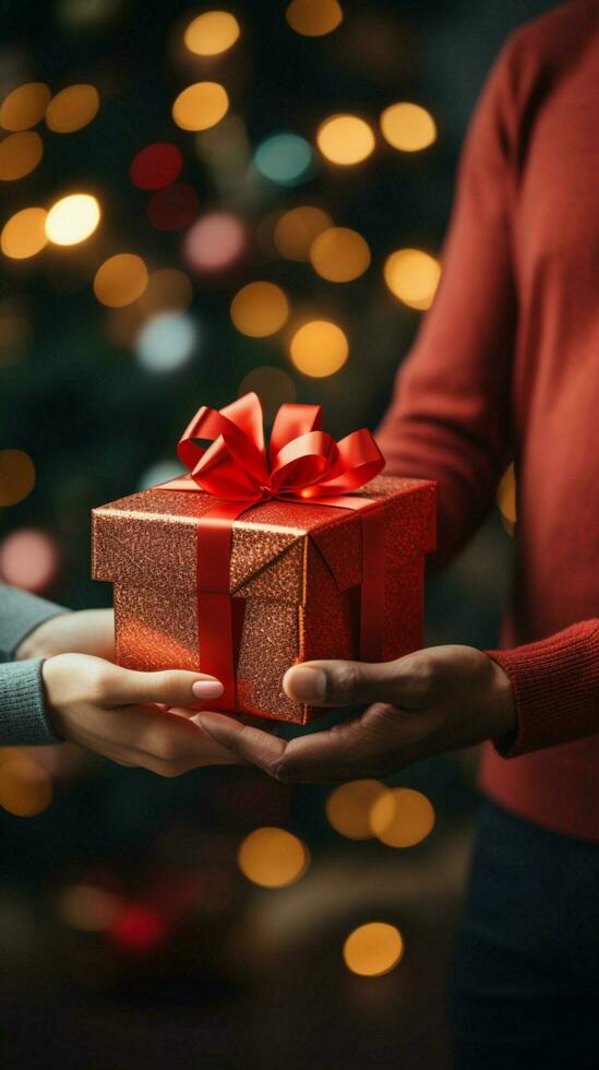 regalo intercambiar hombre regalos regalo a mujer en contra fondo con amplio Copiar espacio. vertical móvil fondo de pantalla ai generado foto