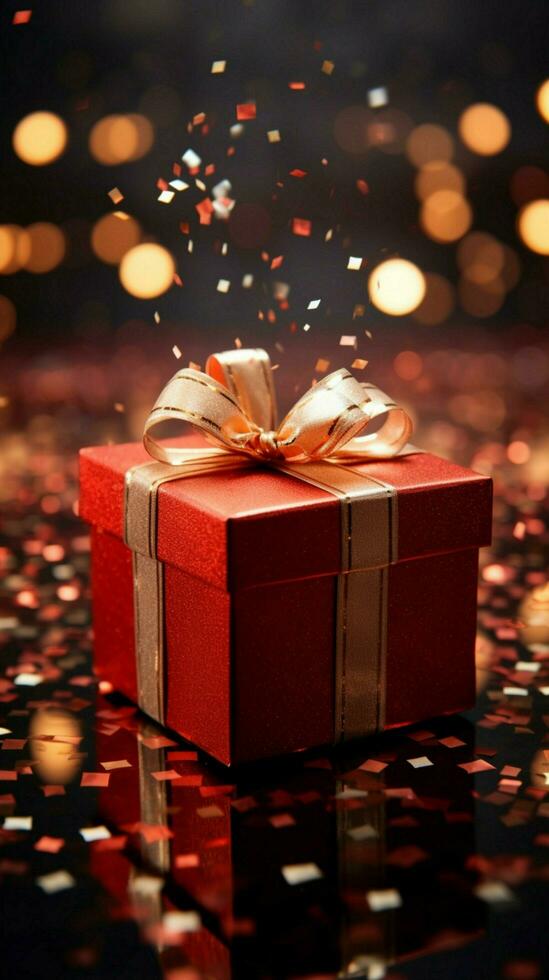 Gleaming red gift box, wide open. Sparkling brilliance and joyful anticipation. Vertical Mobile Wallpaper AI Generated photo