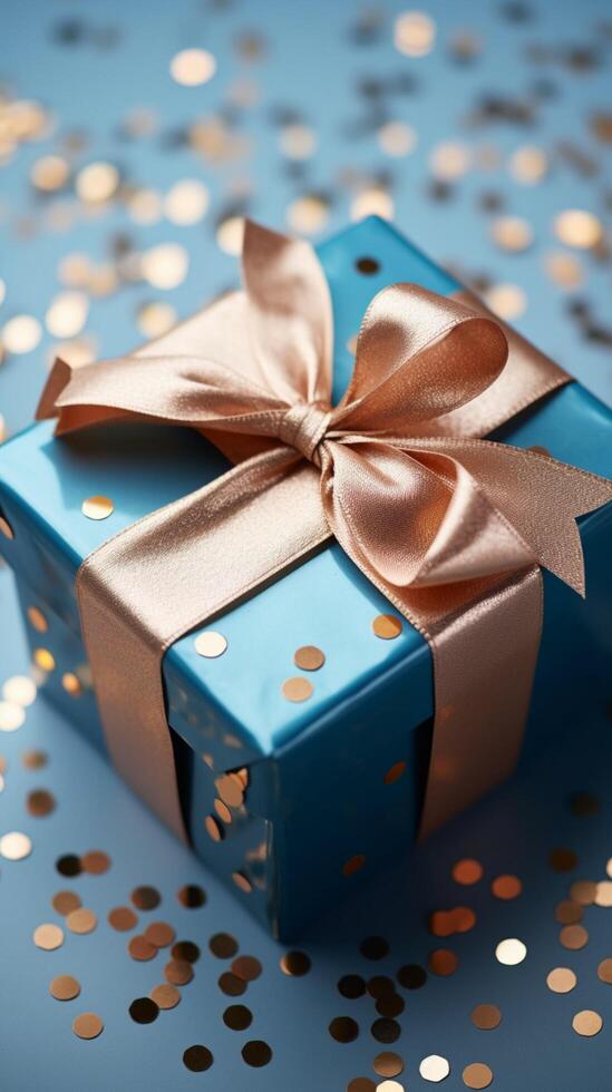 Grasping paper gift box, blue bow, sequins on pastel. Top view elegance