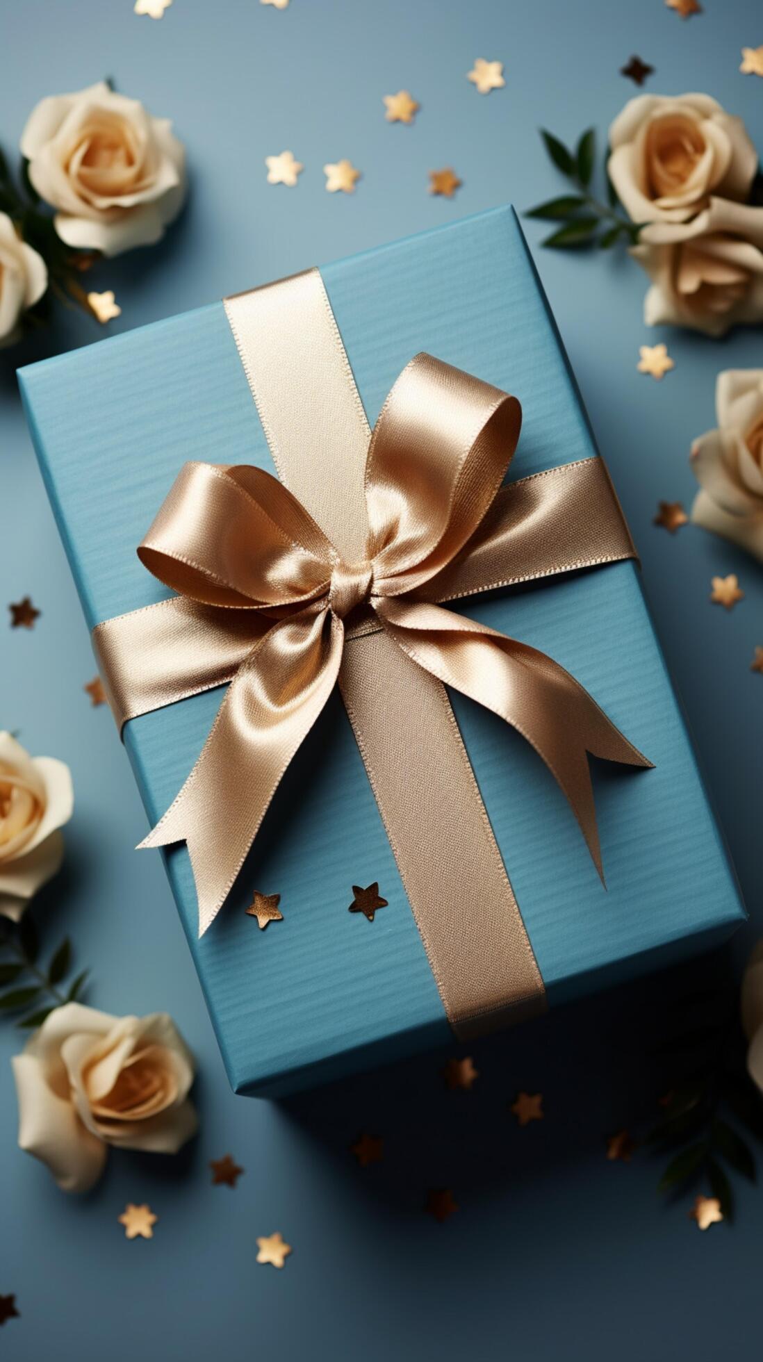 Grasping paper gift box, blue bow, sequins on pastel. Top view elegance