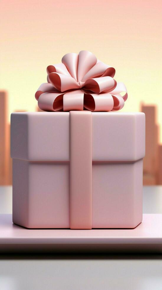 Minimalistic exhibit design White podium, pink gift box, pastel ribbon bow, isolated. Vertical Mobile Wallpaper AI Generated photo