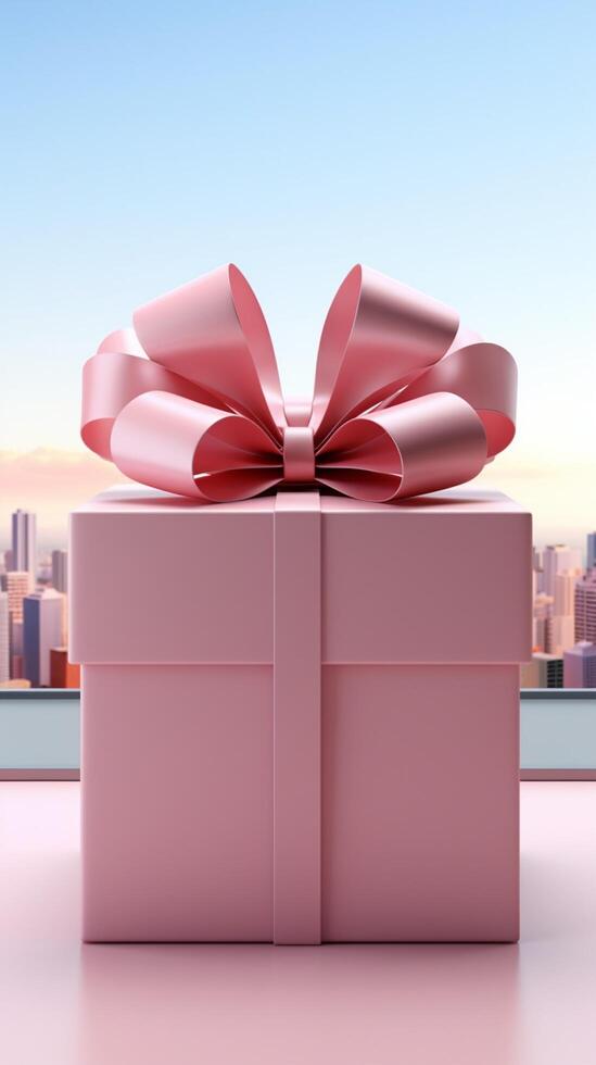 Minimalistic exhibit design White podium, pink gift box, pastel ribbon