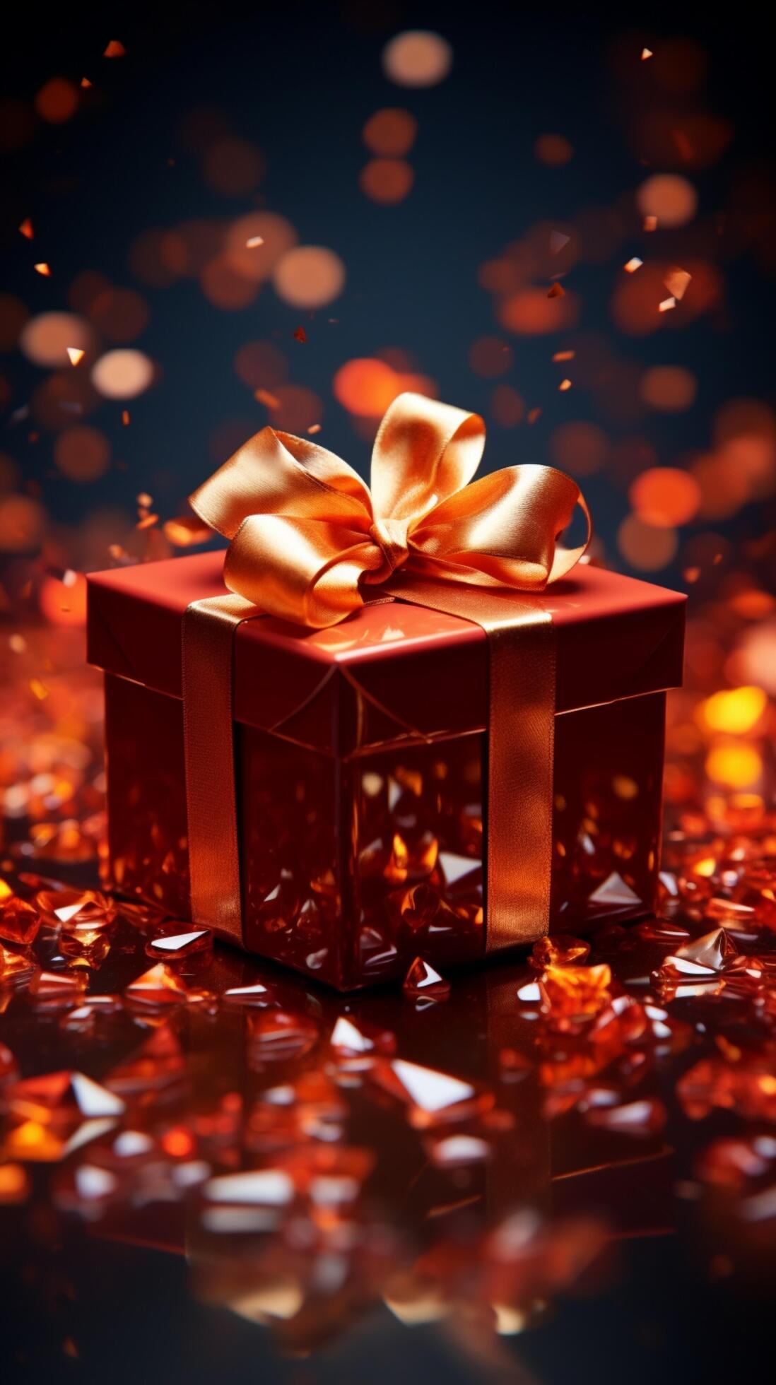 Opened gift box in fiery red, glimmers with captivating sparkles