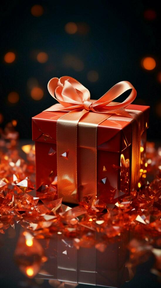 Opened gift box in fiery red, glimmers with captivating sparkles. Unwrapping magic. Vertical Mobile Wallpaper AI Generated photo