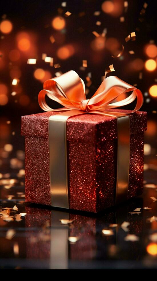 Opened gift box in fiery red, glimmers with captivating sparkles. Unwrapping magic. Vertical Mobile Wallpaper AI Generated photo