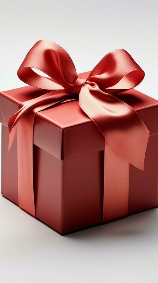 Captivating presentation Unveiled red gift box, prominent ribbon, on white isolation. Vertical Mobile Wallpaper AI Generated photo