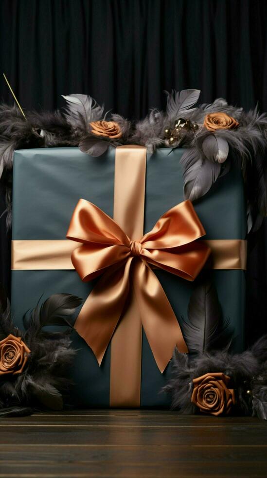 Romantic elegance Craft box with textured bow, feathers, on enchanting dark background. Vertical Mobile Wallpaper AI Generated photo